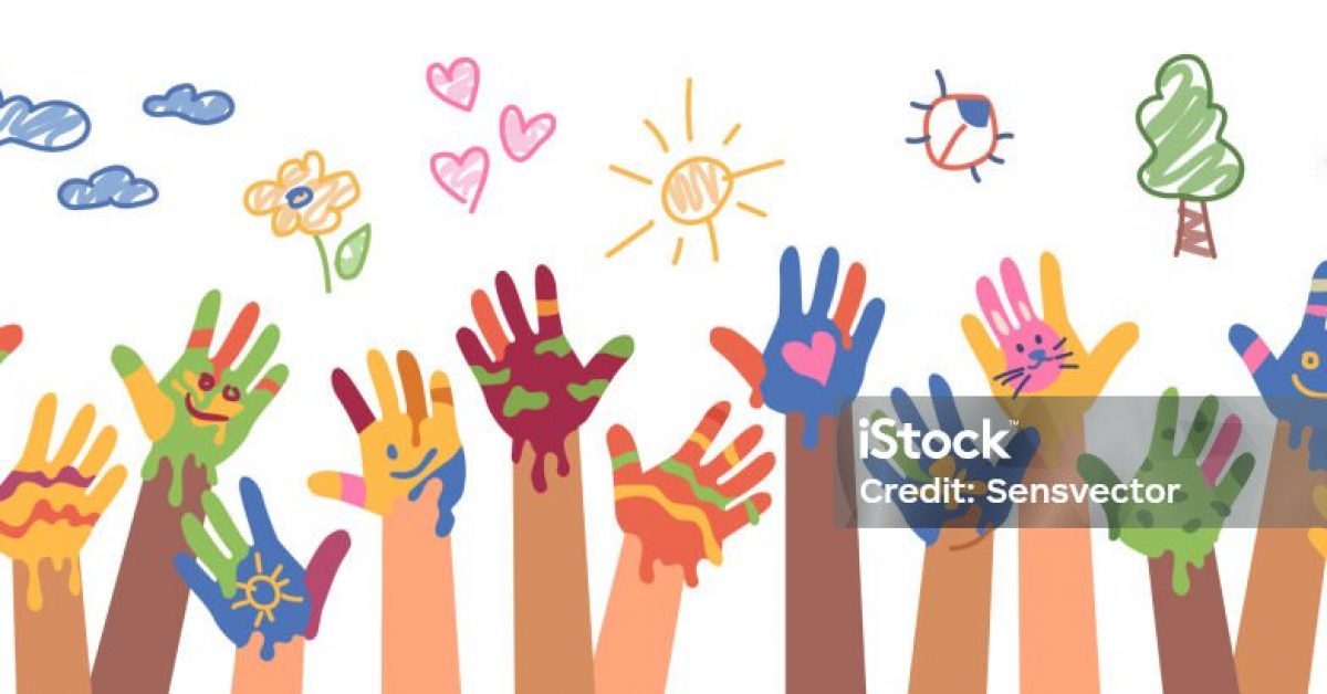 Children drawings with paints and crayons. Kindergarten art and positive mood, fingerprints and hands. Smiles and son, trees and clouds. Multicolor and vivid funny artwork. Flat cartoon vector